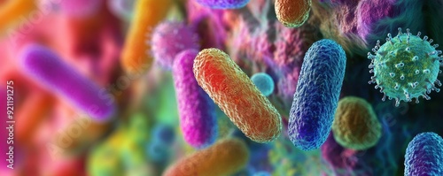 Colorful Bacteria Microscopic Structures with Copy Space Background