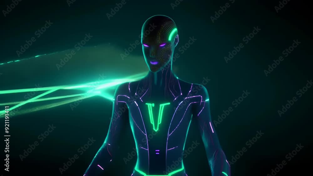 Video of futuristic humanoid figure with glowing neon lines and digital, abstract design, cybernetic evolution, artificial intelligence, and advanced technology. technology with human form Video of futuristic humanoid figure with glowing neon lines and digital, abstract design, cybernetic evolution, artificial intelligence, and advanced technology. technology with human form