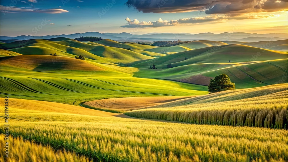 Obraz premium Rolling hills of golden wheat and green pastures, nature, landscape, agriculture, rural, countryside, farmland, scenic
