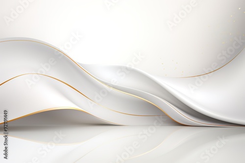 Abstract white and gold wavy background with reflective surface.