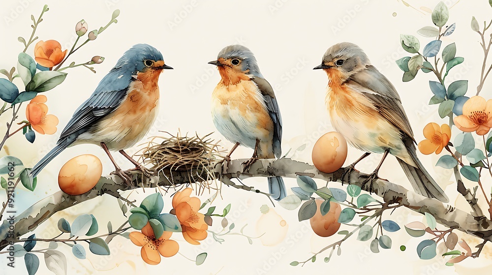 Obraz premium A harmonious watercolor pattern featuring various birds perched on branches with nests and eggs, painted in gentle watercolors, arranged in a seamless design with soft gradients and intricate details,