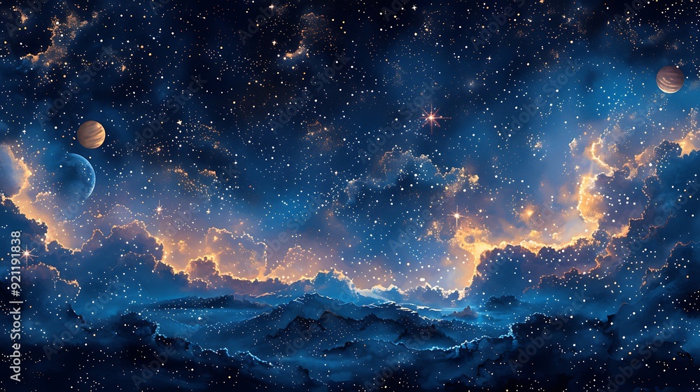 Naklejka premium A harmonious watercolor pattern of a galaxy, featuring a night sky filled with twinkling stars, glowing planets, and wispy nebulas in rich blues and purples, creating a seamless and celestial design w