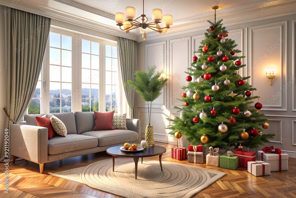 Fototapeta premium Christmas tree with decorations in the living room. 3d illustration 