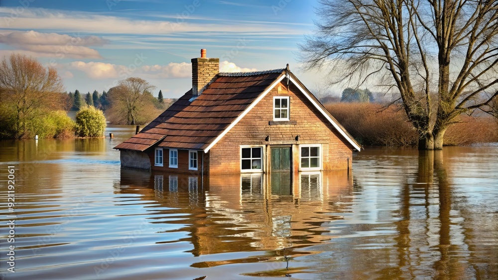 House half submerged in river, being carried away by floodwater , flood, disaster, water, submerged, destroyed, floating House half submerged in river, being carried away by floodwater , flood, disaster, water, submerged, destroyed, floating