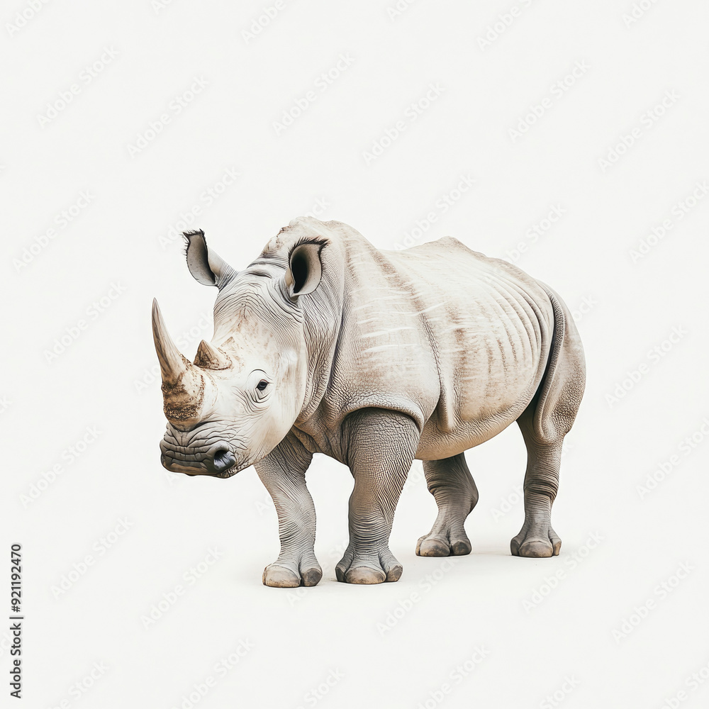 Fototapeta premium Rhinoceros in Isolation: Soft Grey Tones and Distinctive Horn