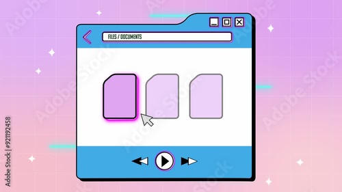 Retro vapor wave intro with green screen in old desktop computer file opening. Pink background