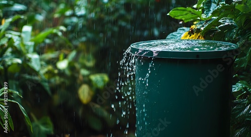 A rain barrel is filling with water during the monsoon season, surrounded by green plants and trees in the background. Garden rainwater harvesting system ideas with barrels, the image adopts a natural