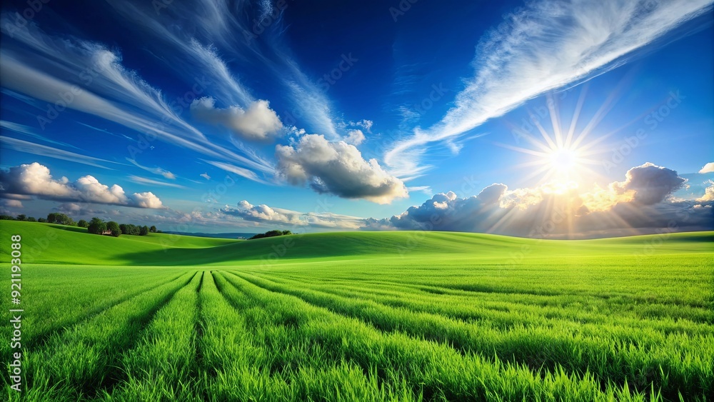 Vibrant green field under a clear blue sky in a rendering, green field, nature, landscape,rendering, vibrant, clear sky Vibrant green field under a clear blue sky in a rendering, green field, nature, landscape,rendering, vibrant, clear sky