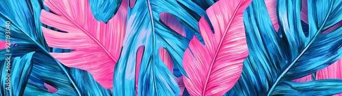 Vibrant tropical leaves in shades of blue and pink create a stunning visual perfect for design and creative projects.