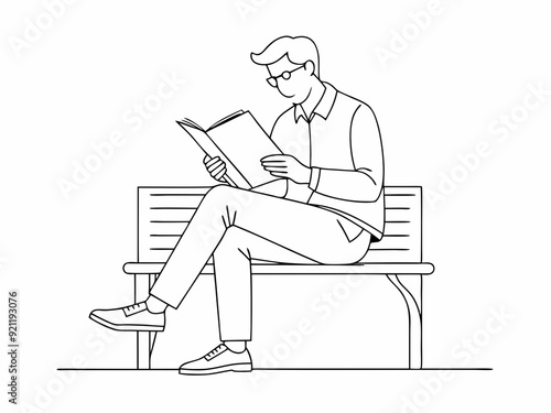 continuous single line drawing of man on bench reading a newspaper, line art vector illustration
