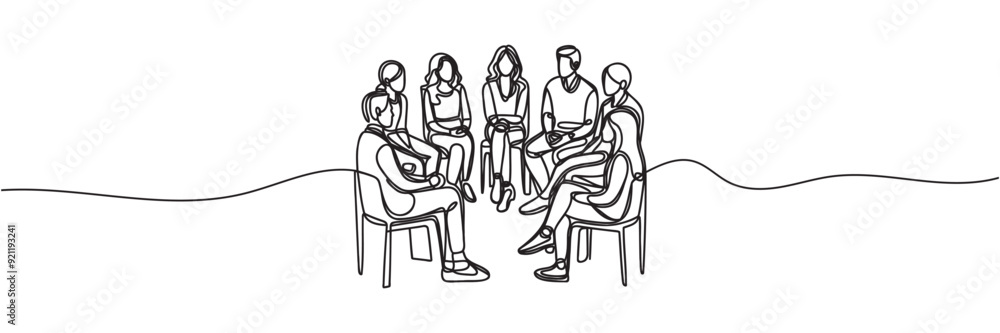 group of people sitting in a circle for a discussion or meeting drawn by one line. Vector illustration. group of people sitting in a circle for a discussion or meeting drawn by one line. Vector illustration.