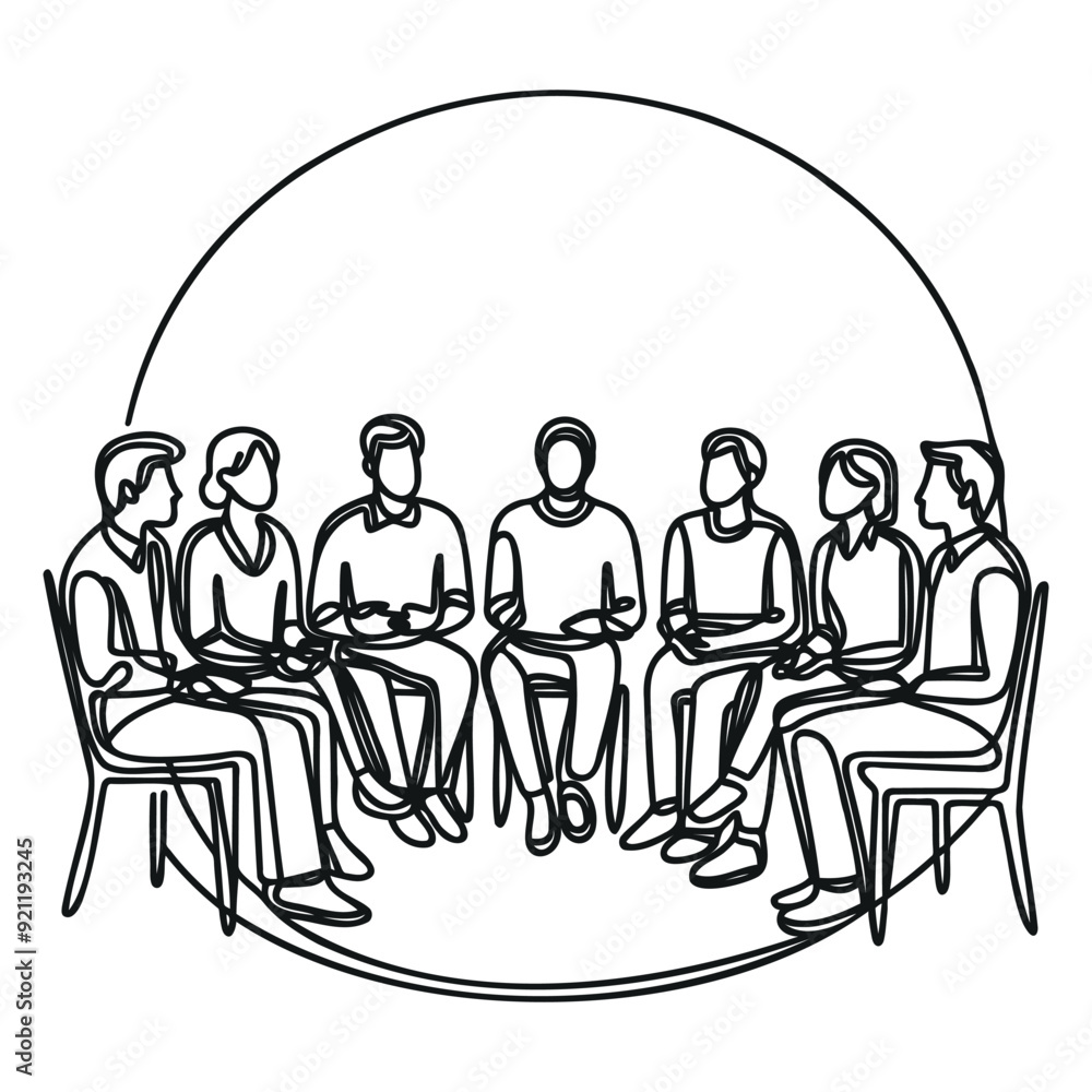 group of people sitting in a circle for a discussion or meeting drawn by one line. Vector illustration. group of people sitting in a circle for a discussion or meeting drawn by one line. Vector illustration.