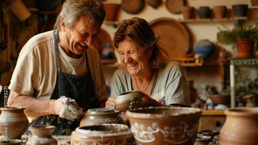 A man and a woman are laughing while making pottery A man and a woman are laughing while making pottery