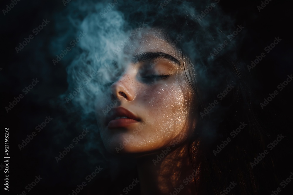 Young woman with closed eyes surrounded by swirling smoke, highlighted by dramatic lighting in a dark atmosphere Young woman with closed eyes surrounded by swirling smoke, highlighted by dramatic lighting in a dark atmosphere