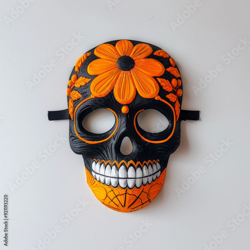 A black and orange skull mask with floral detail.  The mask is perfect for Halloween or Day of the Dead celebrations. photo