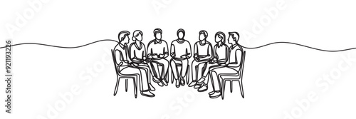 group of people sitting in a circle for a discussion or meeting drawn by one line. Vector illustration.