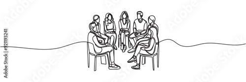group of people sitting in a circle for a discussion or meeting drawn by one line. Vector illustration.