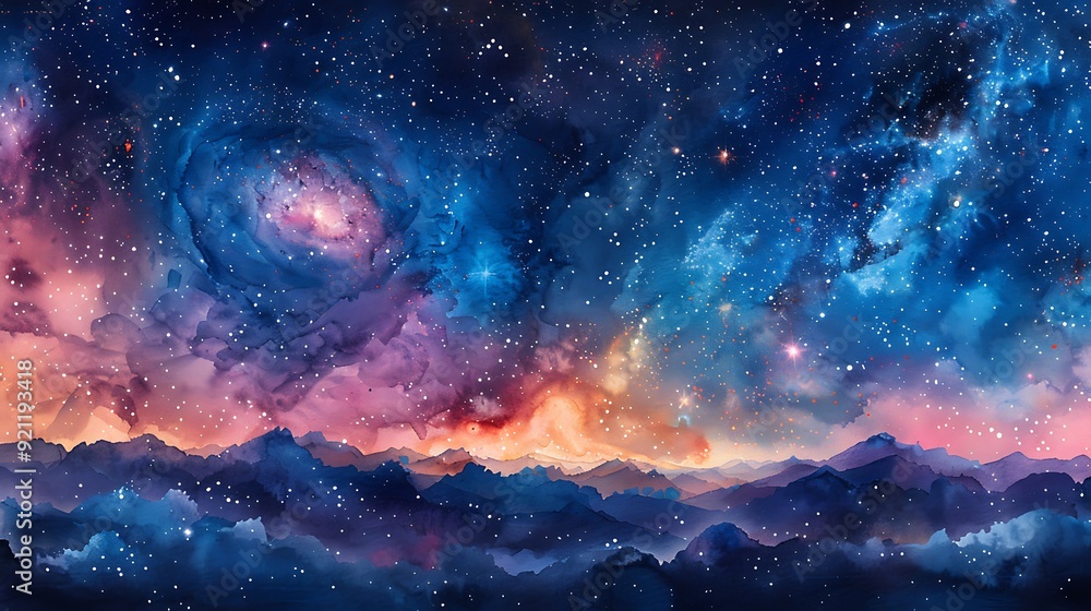 A seamless watercolor pattern of a starry night sky, featuring twinkling stars, luminous planets, and ethereal nebulas in vibrant blues and purples, arranged harmoniously with soft gradients and delic A seamless watercolor pattern of a starry night sky, featuring twinkling stars, luminous planets, and ethereal nebulas in vibrant blues and purples, arranged harmoniously with soft gradients and delic