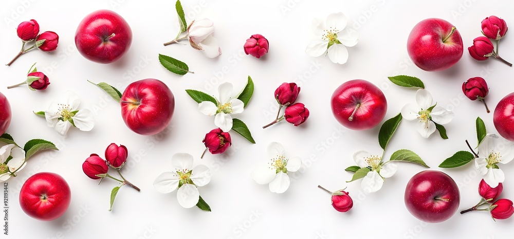 Red apples and white blossoms arranged in a symmetrical pattern on a white background. Flat lay photography with a minimalist aesthetic. Red apples and white blossoms arranged in a symmetrical pattern on a white background. Flat lay photography with a minimalist aesthetic.