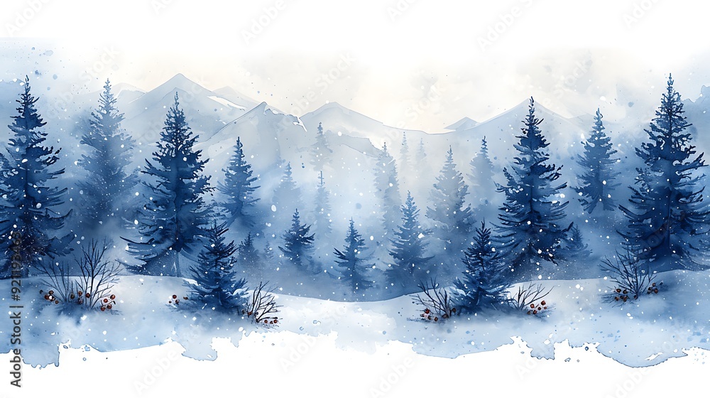 A seamless watercolor pattern of a winter wonderland, featuring delicate snowflakes, lush pine trees, and clusters of winter berries, arranged harmoniously with cool, icy hues and soft gradients, crea A seamless watercolor pattern of a winter wonderland, featuring delicate snowflakes, lush pine trees, and clusters of winter berries, arranged harmoniously with cool, icy hues and soft gradients, crea