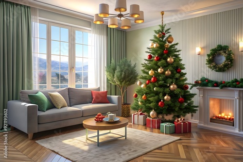 Christmas tree with decorations in the living room. 3d illustration 