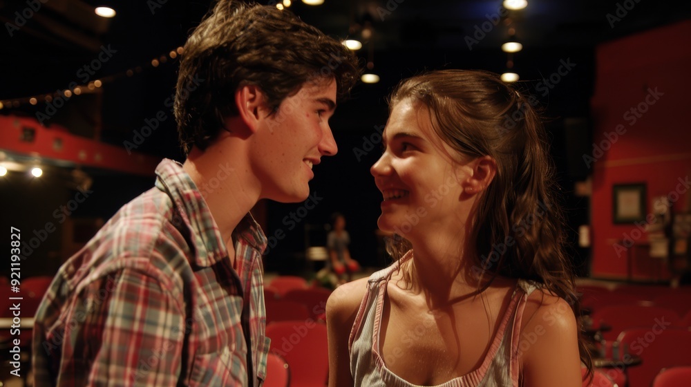 A man and a woman are smiling at each other in a theater A man and a woman are smiling at each other in a theater