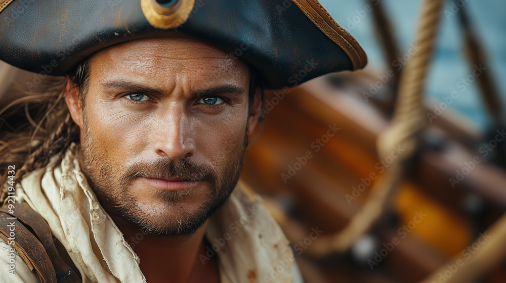 Portrait of a bearded pirate on a ship. (Ai generated) Portrait of a bearded pirate on a ship. (Ai generated)