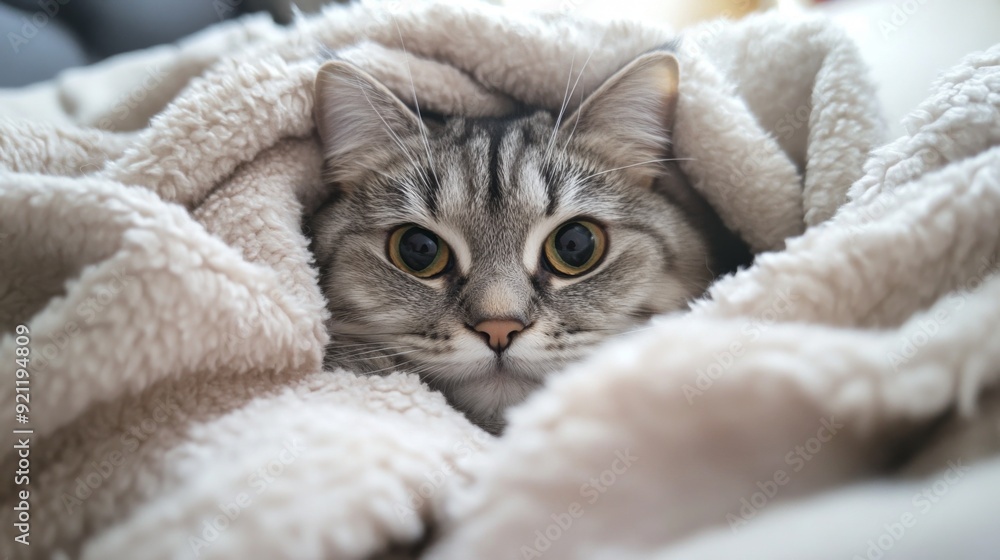 A chubby cat nestled in a cozy blanket, with only its round face and ears peeking out, emphasizing its love for warmth and comfort. A chubby cat nestled in a cozy blanket, with only its round face and ears peeking out, emphasizing its love for warmth and comfort.