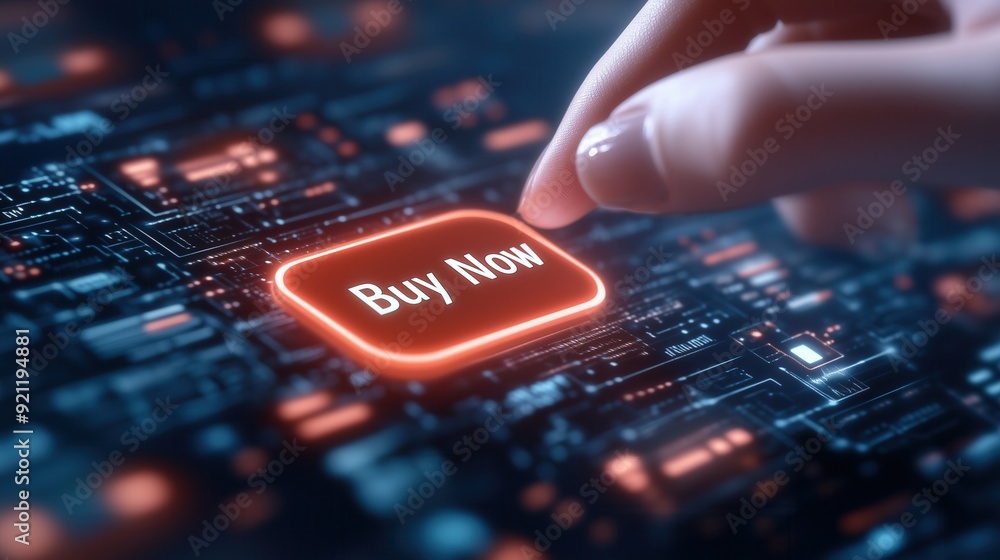A close-up of a hand pressing the 'Buy Now' button on a digital interface, symbolizing online shopping and e-commerce. A close-up of a hand pressing the 'Buy Now' button on a digital interface, symbolizing online shopping and e-commerce.