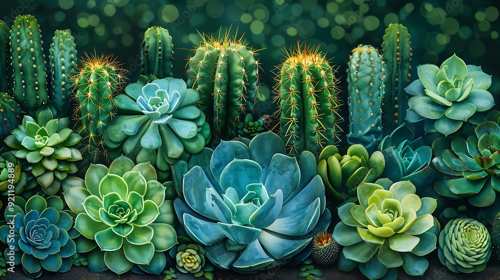 A seamless watercolor pattern of vibrant cacti and succulents, featuring various species in different shades of green, arranged harmoniously with intricate details and soft gradients, creating a livel A seamless watercolor pattern of vibrant cacti and succulents, featuring various species in different shades of green, arranged harmoniously with intricate details and soft gradients, creating a livel