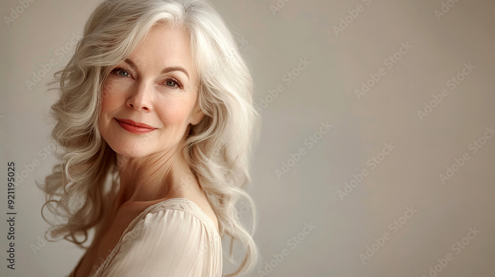 Portrait of beatiful elderly woman with long wavy blonde hair, smiling gently. Soft pastel background. Concept of aging gracefully and skincare Portrait of beatiful elderly woman with long wavy blonde hair, smiling gently. Soft pastel background. Concept of aging gracefully and skincare