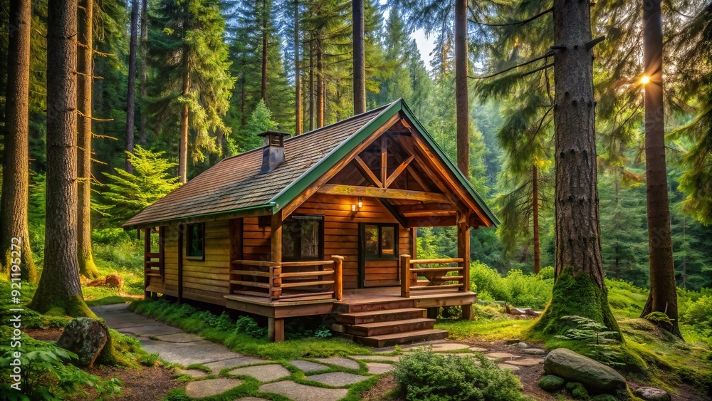Wooden cabin nestled in a lush forest setting , cabin, wooden, house, forest, nature, wilderness, retreat, secluded, tranquil Wooden cabin nestled in a lush forest setting , cabin, wooden, house, forest, nature, wilderness, retreat, secluded, tranquil