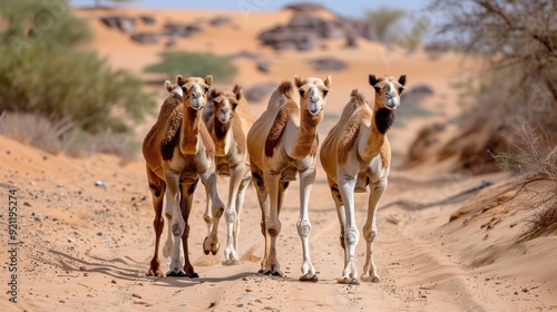 A captivating image of camels trekking across the hot, sandy desert environment, showcasing the tough and enduring nature of these remarkable creatures. photo