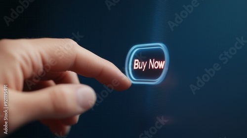 A person pressing a glowing 'Buy Now' button, representing online shopping and e-commerce technology.