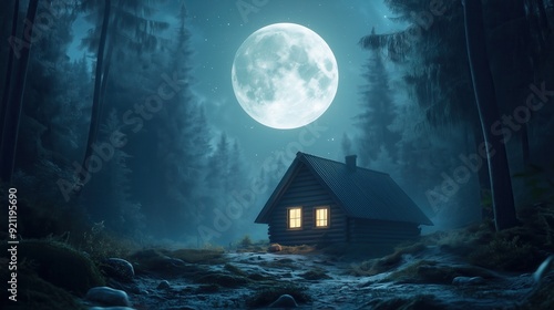 A serene night scene showcasing a cozy house illuminated by a bright moon, surrounded by dense forest and tranquil nature.