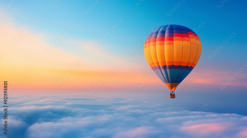 Obraz premium a hot air balloon drifting over clouds at sunset, with the bright blue sky and warm natural light creating a romantic and magical atmosphere.