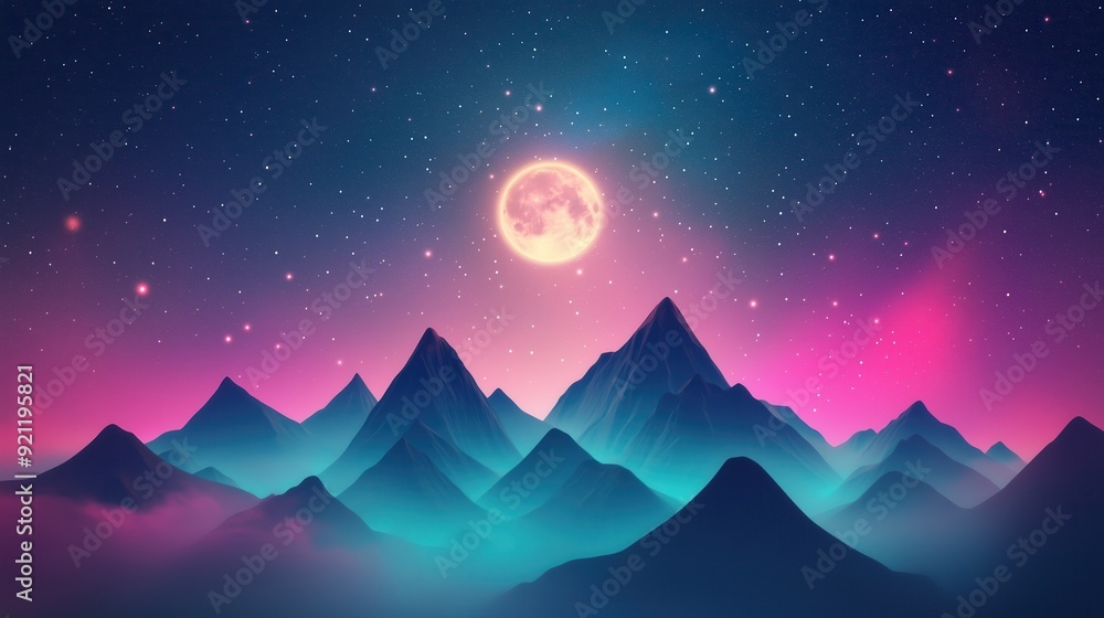 A stunning digital landscape featuring mountains under a vibrant moonlit sky with colorful stars, creating a surreal atmosphere. A stunning digital landscape featuring mountains under a vibrant moonlit sky with colorful stars, creating a surreal atmosphere.
