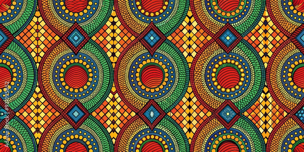 Fototapeta premium Vibrant and colorful African fabric seamless pattern, African, fabric, seamless, pattern, traditional, colorful, vibrant