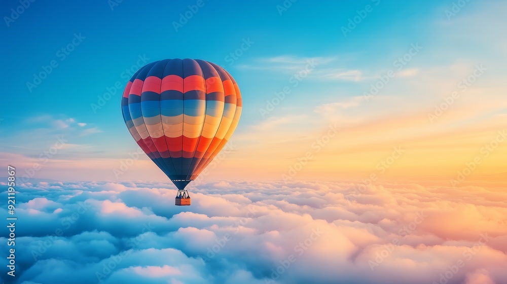 a hot air balloon drifting over clouds at sunset, with the bright blue sky and warm natural light creating a romantic and magical atmosphere. a hot air balloon drifting over clouds at sunset, with the bright blue sky and warm natural light creating a romantic and magical atmosphere.
