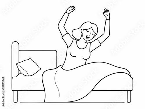 continuous single line drawing of woman stretching in bed after waking up, line art vector illustration
