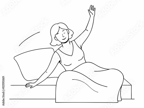 continuous single line drawing of woman stretching in bed after waking up, line art vector illustration
