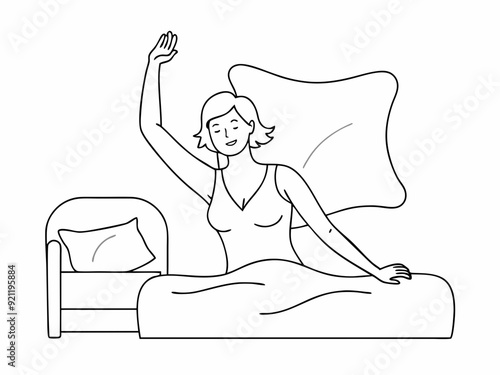 continuous single line drawing of woman stretching in bed after waking up, line art vector illustration
