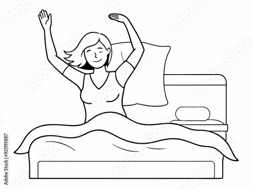 continuous single line drawing of woman stretching in bed after waking up, line art vector illustration
