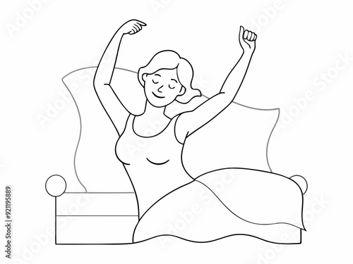 continuous single line drawing of woman stretching in bed after waking up, line art vector illustration
