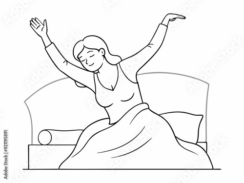 continuous single line drawing of woman stretching in bed after waking up, line art vector illustration
