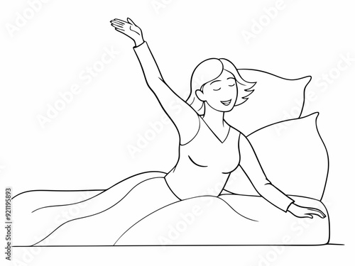continuous single line drawing of woman stretching in bed after waking up, line art vector illustration
