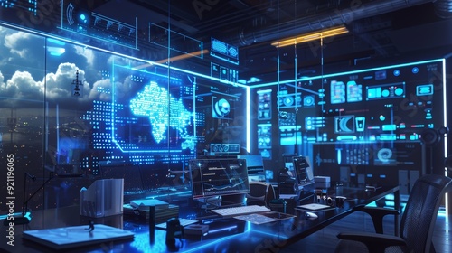 Wallpaper Mural Futuristic Workspace with Holographic Cloud Storage Visualization and Advanced Technology Infrastructure Torontodigital.ca