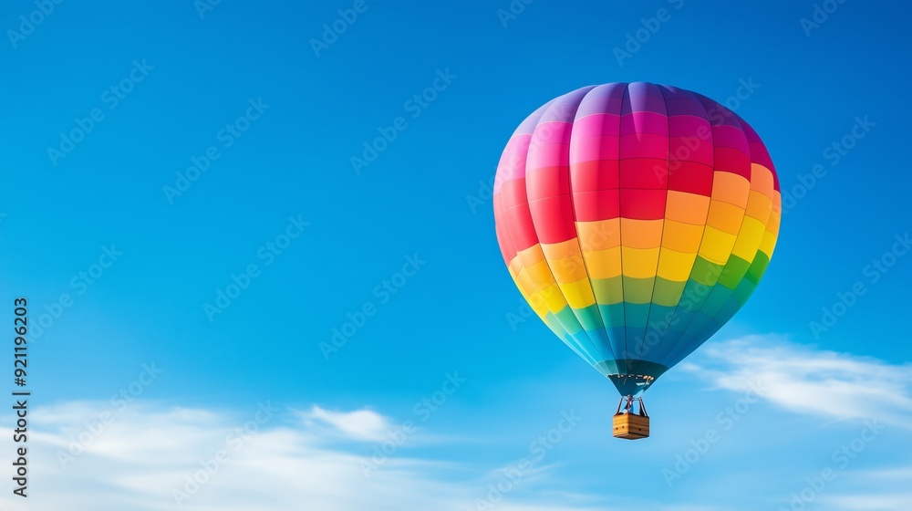 Fototapeta premium A bright rainbow-colored balloon captured mid-flight against a backdrop of a flawless blue sky