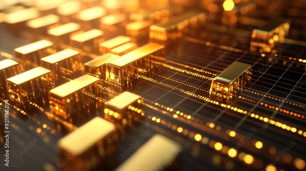 A close-up of a 3D gold bar chart on a digital screen, with gleaming gold bars rising from a grid, representing financial or investment data with a luxurious touch A close-up of a 3D gold bar chart on a digital screen, with gleaming gold bars rising from a grid, representing financial or investment data with a luxurious touch