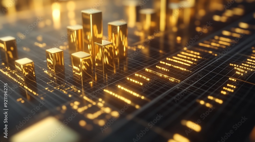 A close-up of a 3D gold bar chart on a digital screen, with gleaming gold bars rising from a grid, representing financial or investment data with a luxurious touch A close-up of a 3D gold bar chart on a digital screen, with gleaming gold bars rising from a grid, representing financial or investment data with a luxurious touch